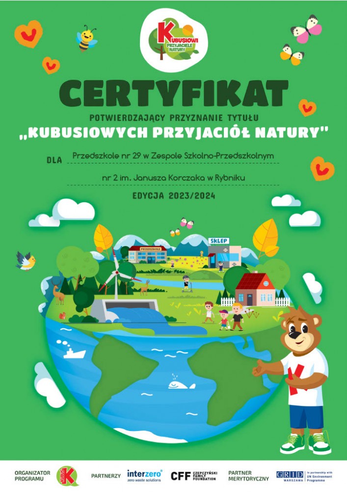 Certyfikat udziału w programie Kubusiowi Przyjaciele Natury