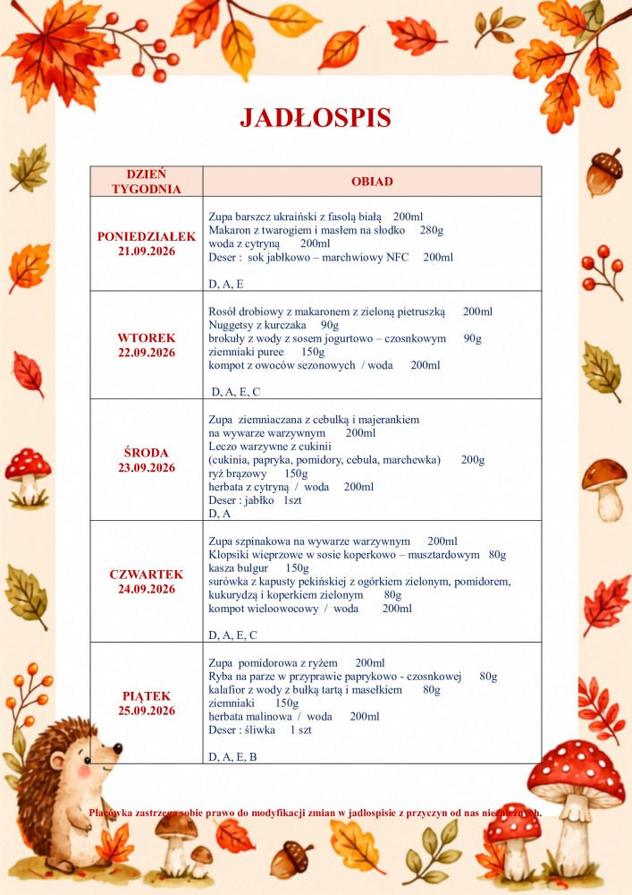 Jadłospis na okres od 21.09.2026 r. do 25.09.2026 r. 