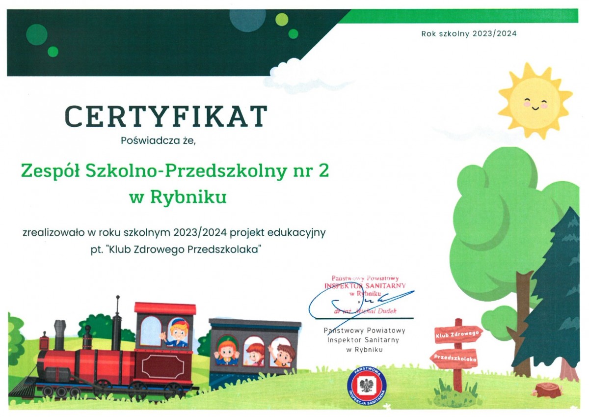 certyfikat Klub Zdrowego Przedszkolaka