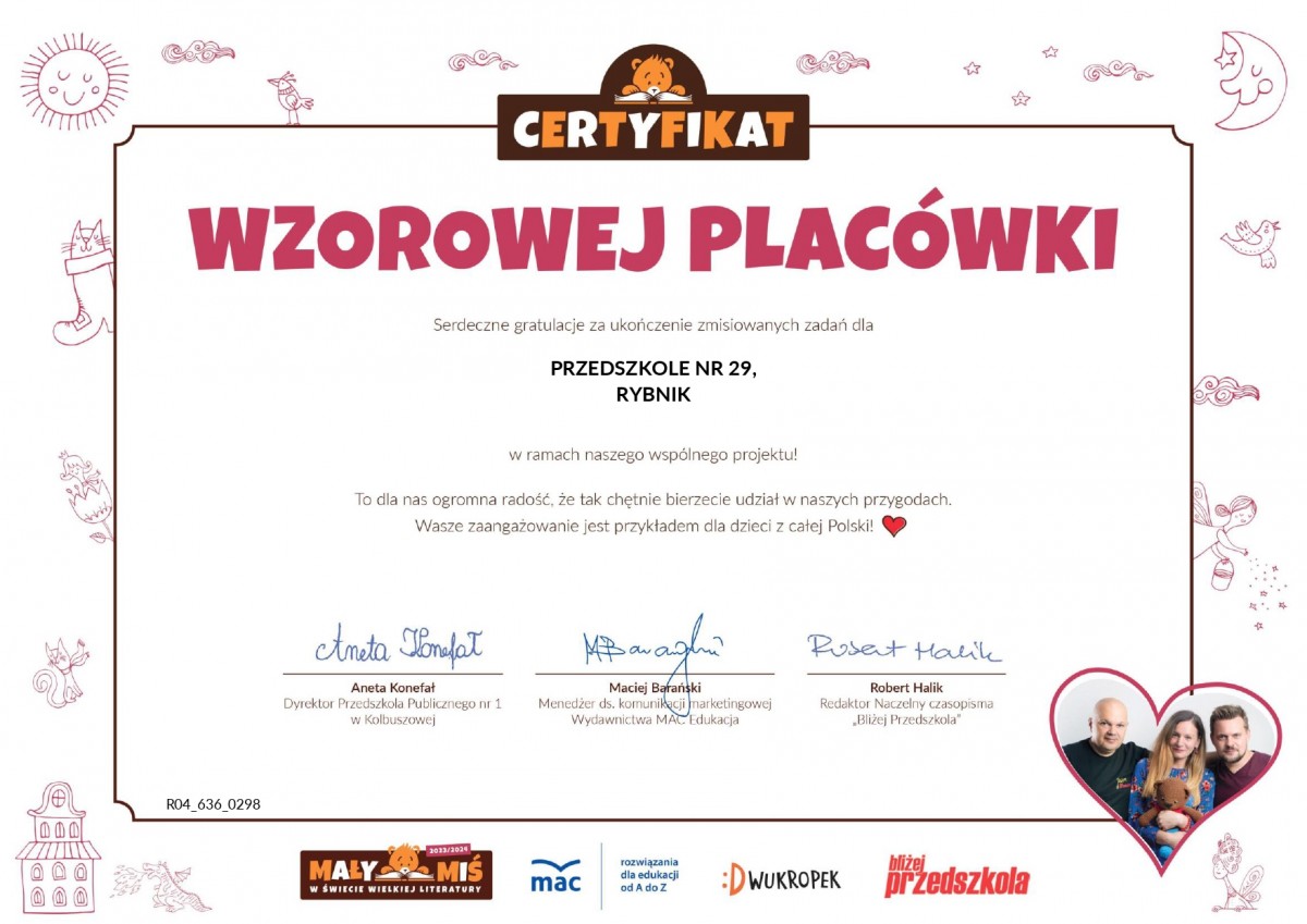 certyfikat projektu MAŁY MIŚ W ŚWIECIE WIELKIEJ LITERATURY