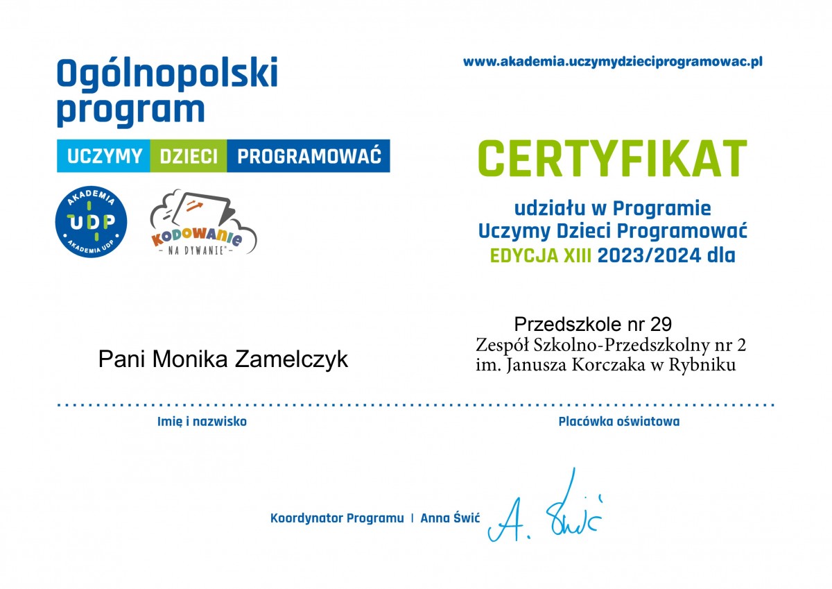 certyfikat za udział w programie Uczymy Dzieci Programować