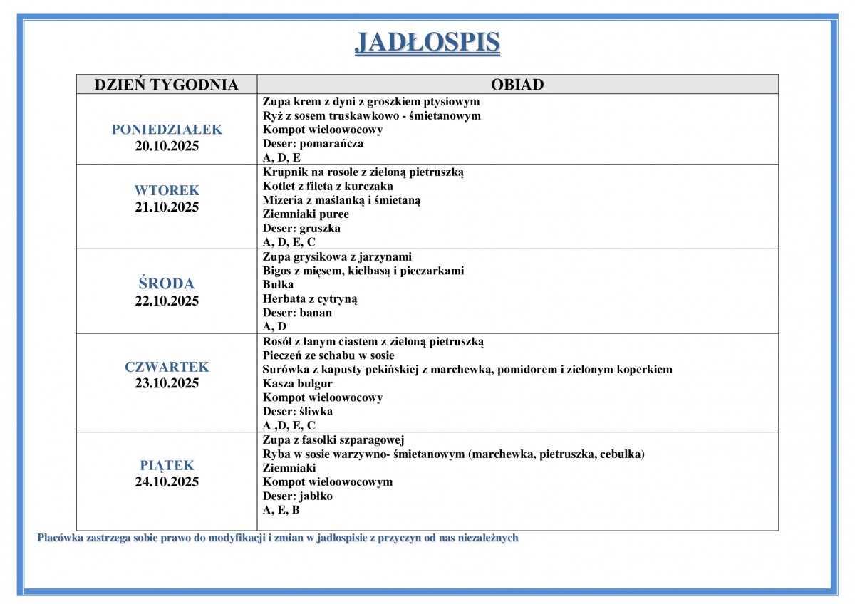 Jadłospis na okres od 20.10.2025 r. do 24.10. 2025 r. r.