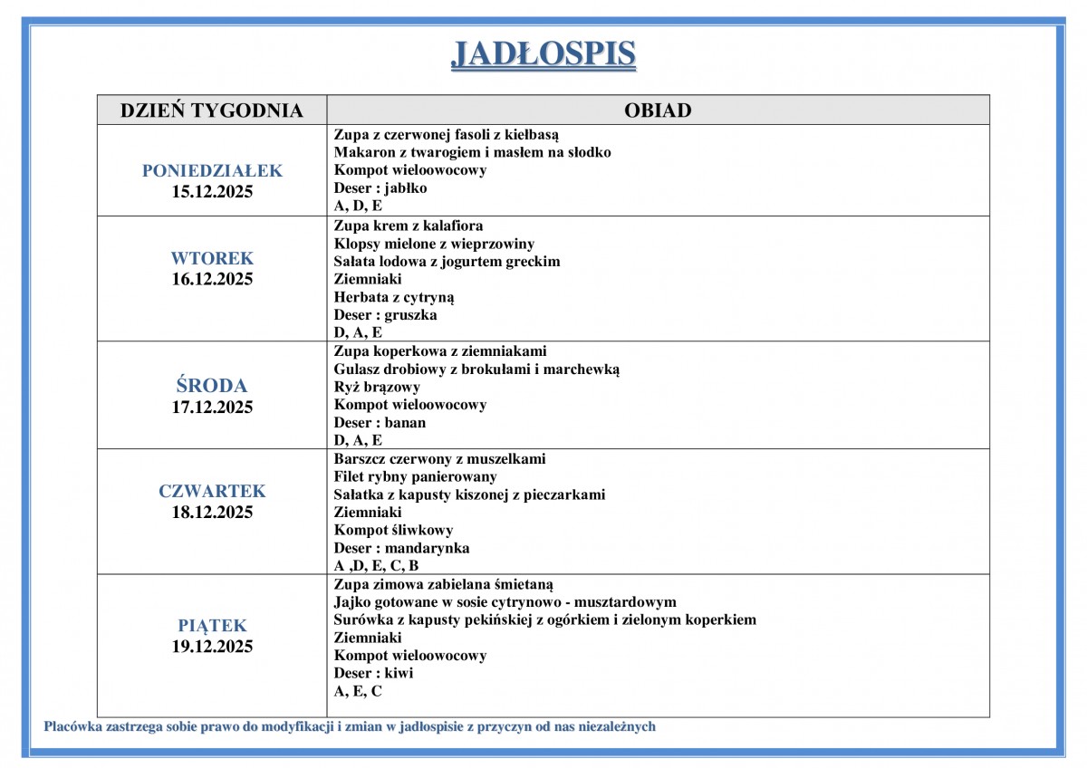 Jadłospis na okres od 15.12.2025 r. do 19.12. 2025 r. r.