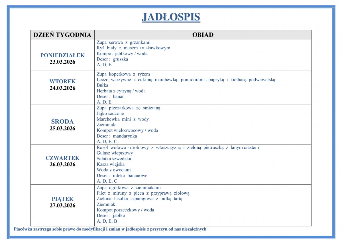 Jadłospis na okres od 23.03.2026 r. do 27.03. 2026 r. 